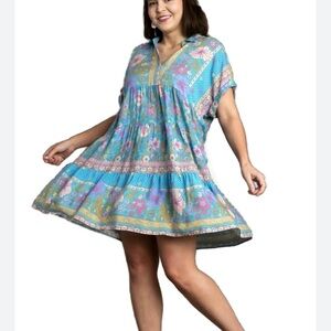 Umgee size large Floral Blue Pink knee length Dress babydoll colorful lilly